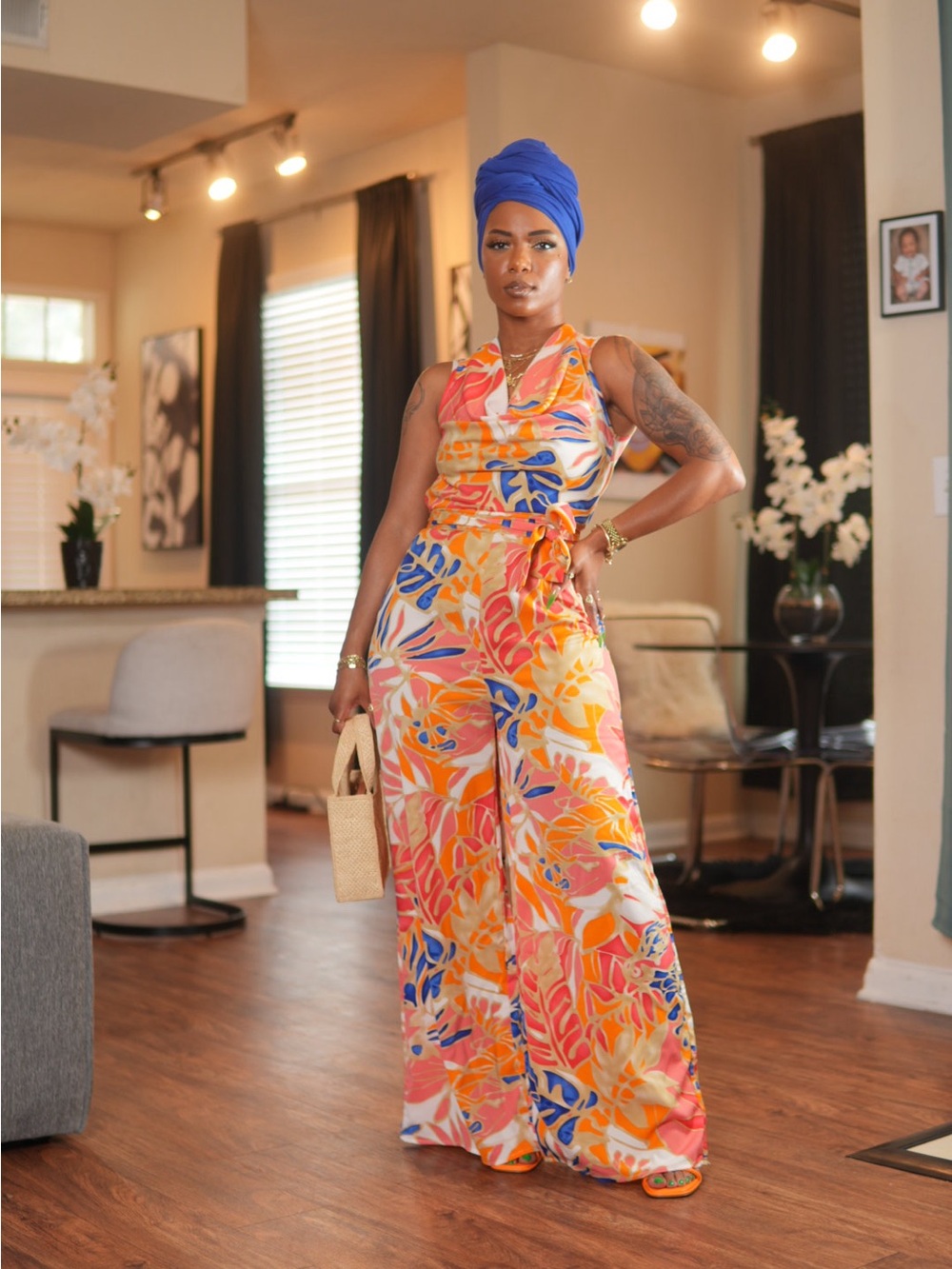 Tropical Print Sleeveless Jumpsuit in Multi-Color